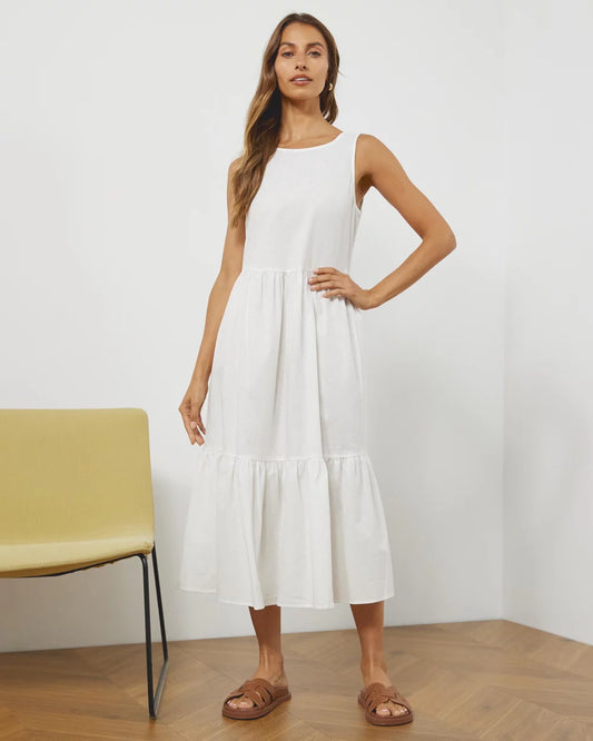 Linen Blend Tiered Midi Dress